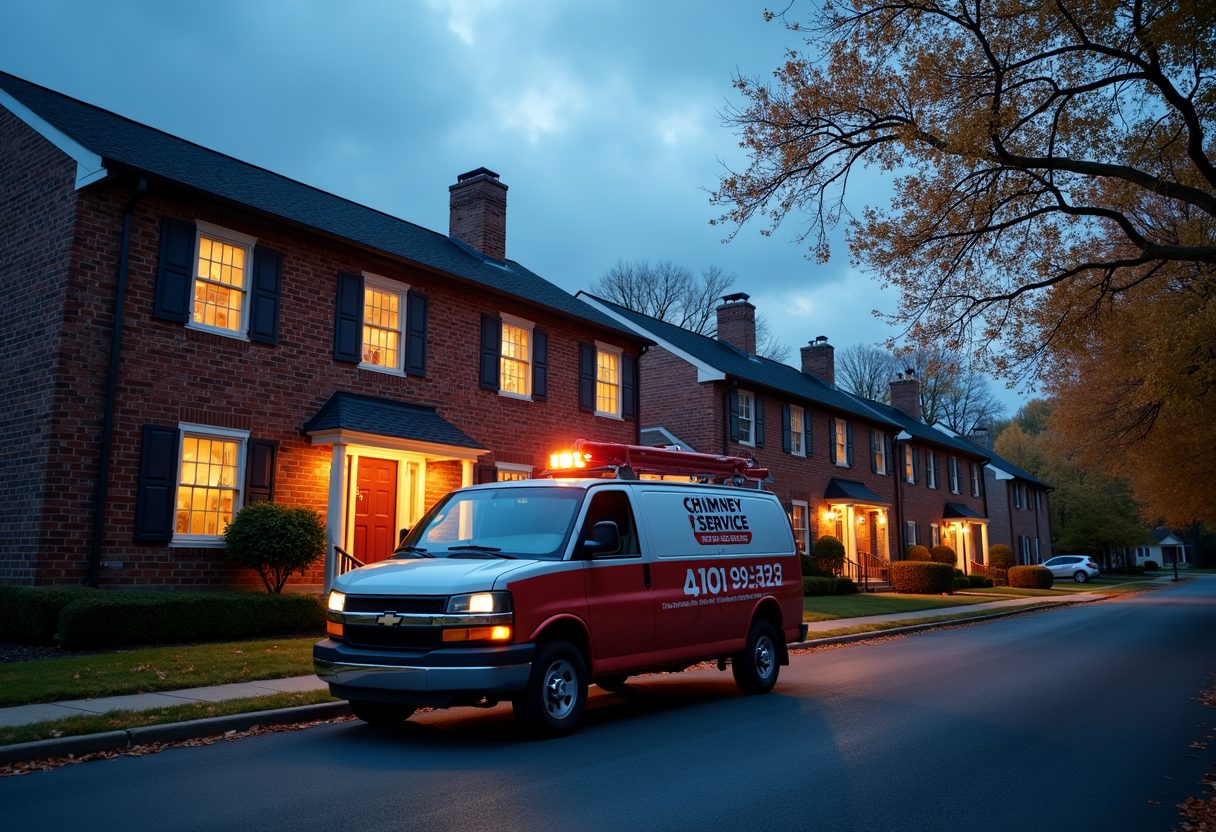 Chimney service van outside brick townhouses at dusk — Vienna